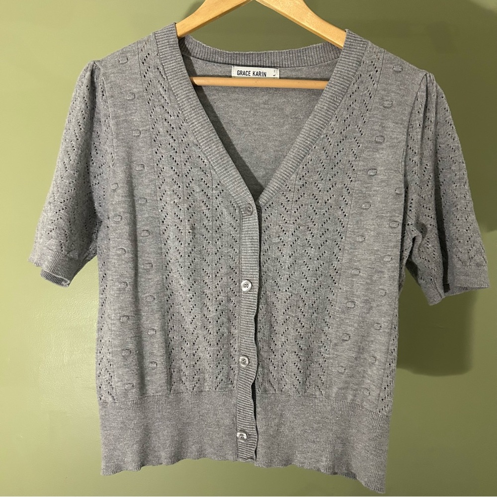 Grace Karin Grey Crochet Short Sleeve Cardigan Sweater Large V-Neck